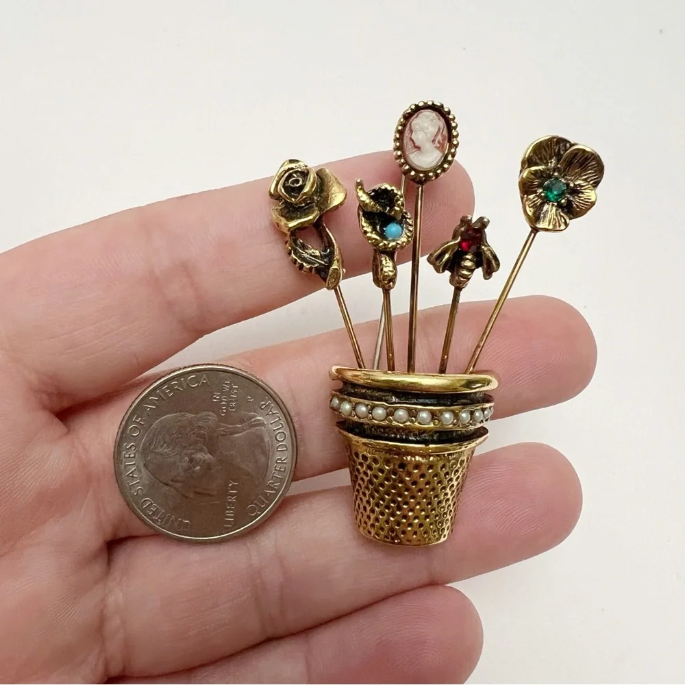 Vintage Thimble Stick Pin Faux Pearl Cameo Bee Snake Flower Goldtone Brooch